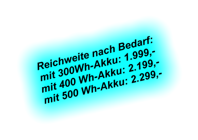 Reichweite nach Bedarf: mit 300Wh-Akku: 1.999,- mit 400 Wh-Akku: 2.199,- mit 500 Wh-Akku: 2.299,-